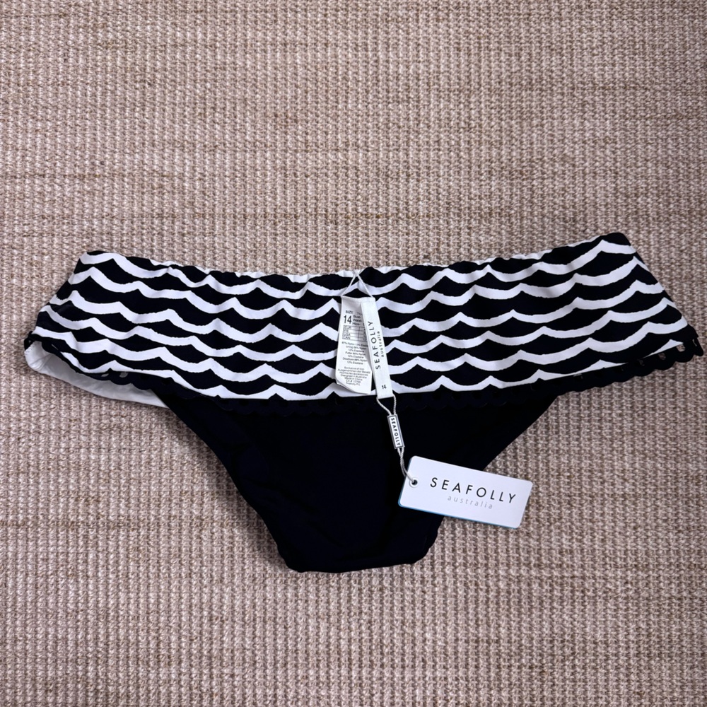 NWT Seafolly Women Tidal Wave Skirted Hipster Bottom, BLACK/WHITE, US 10